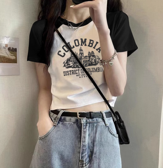 American retro print short-sleeved T-shirt for women in summer, round neck, contrasting color, slimming and figure-hugging, straight shoulders, hot girl short top on Instagram