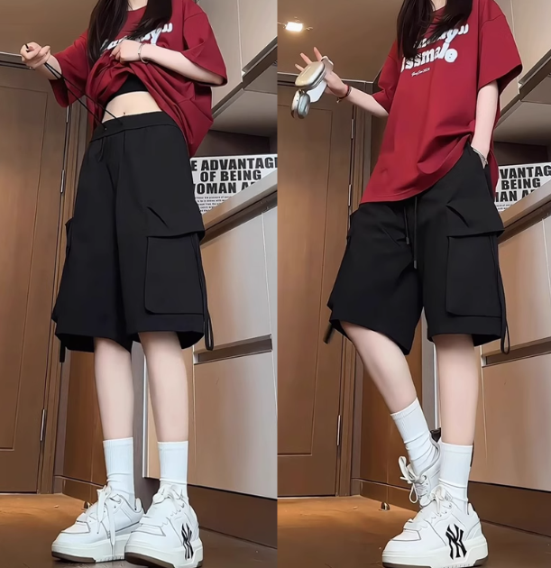 Black large-pocket American workwear shorts for women's summer 2025 new casual loose straight sport five-inch pants